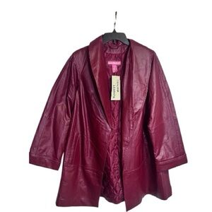 Woman Within Red Burgundy Leather Swing Open Front Jacket Quilted Lining sz 14W